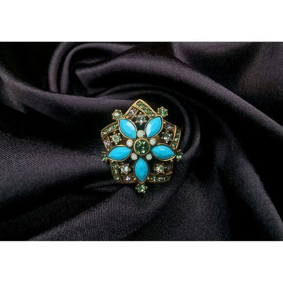 Heidi Daus Gold-Tone Statement Ring Blue & Green Crystal Floral Design - Picture 3 of 5